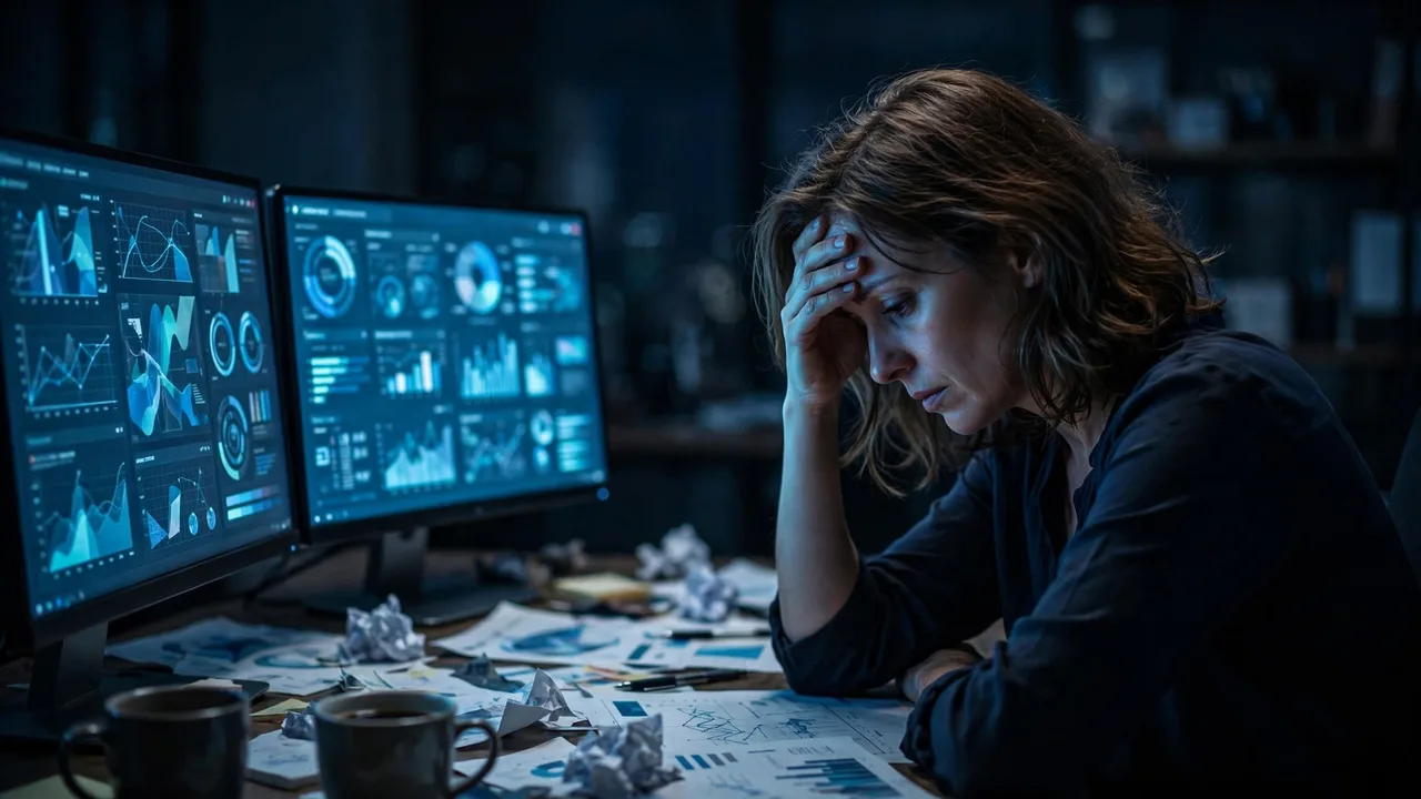 A marketing manager alone at night, overwhelmed by her advertising dashboards