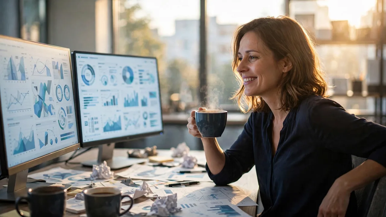 The same marketing manager the next morning, relaxed and smiling over coffee while her campaigns run under control